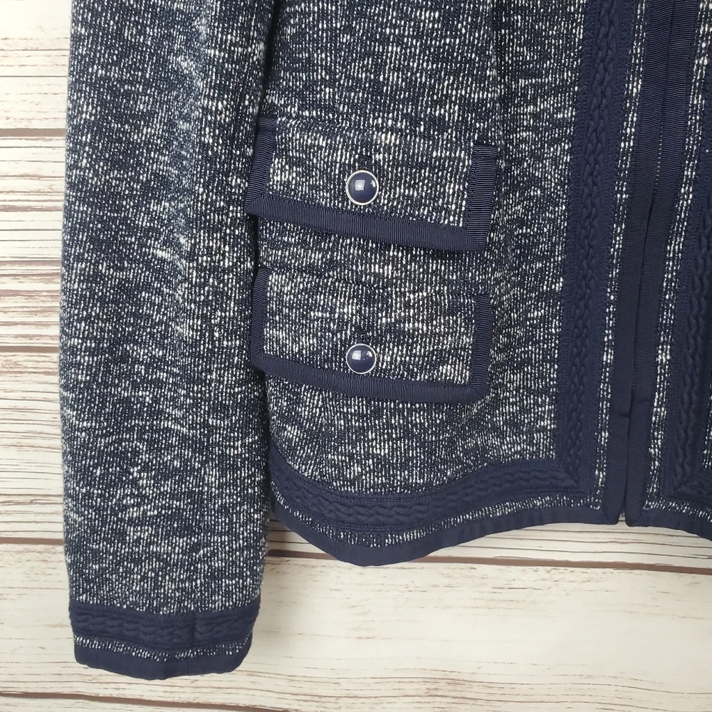 NWOT Talbots Womens Size 12 Navy Blue/White Tweed Zip Blazer Jacket